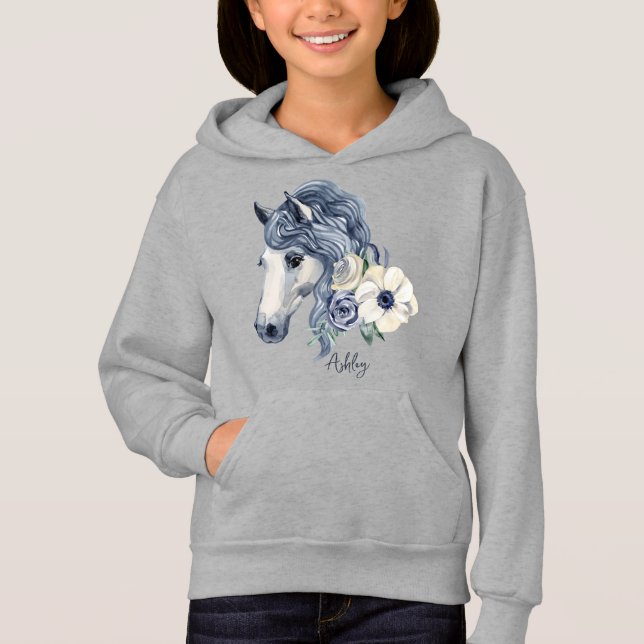Cheval bleu gris avec fleurs nom personnalisé (Devant)