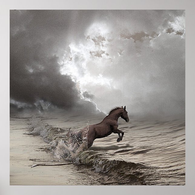 Cheval dans les vagues, Poster Papier (mat) (Devant)