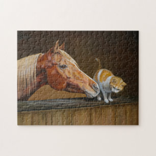 Cheval d'Arabie avec chat de grange Puzzle équestr