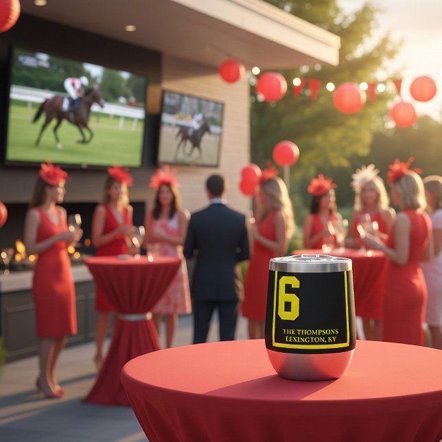 Cheval de course 6 Noir Derby personnalisé (Personalized horse racing saddle cloth thermal wine tumbler. Printed on both sides)