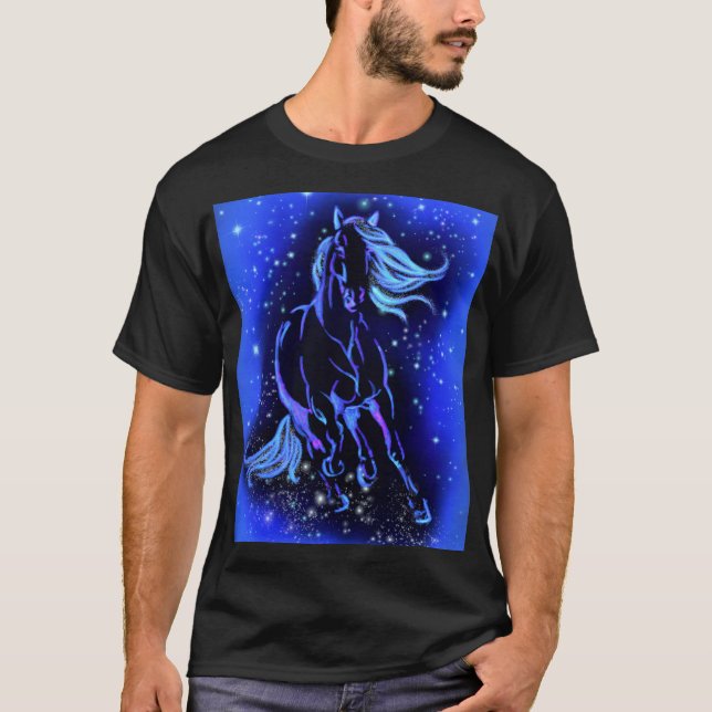Cheval de course T-shirt bleu Lune nuit étoilée (Devant)