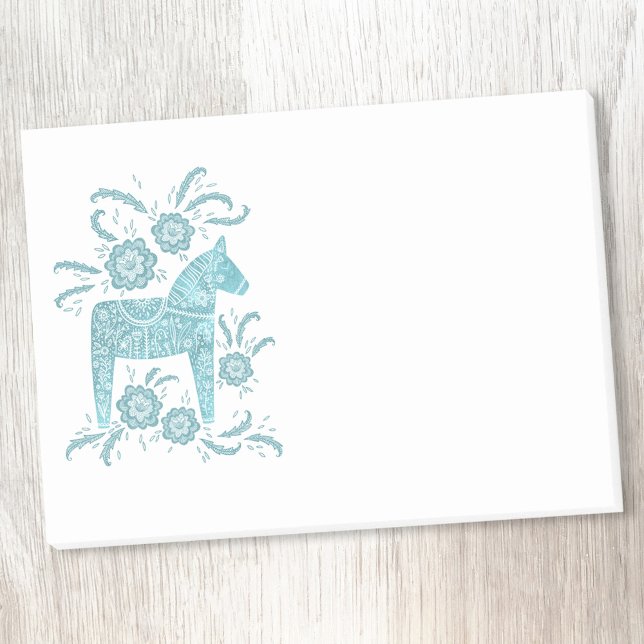 Cheval de Dala scandinave Notes post-it Turquoises (Teal green and white Swedish Dala horse folk art post it note)