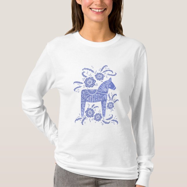 Cheval de Dala suédois T-shirt bleu et blanc (Devant)