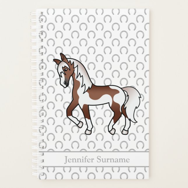 Cheval de Trotting Pinto Brun Dessin Animé & Texte (Devant)