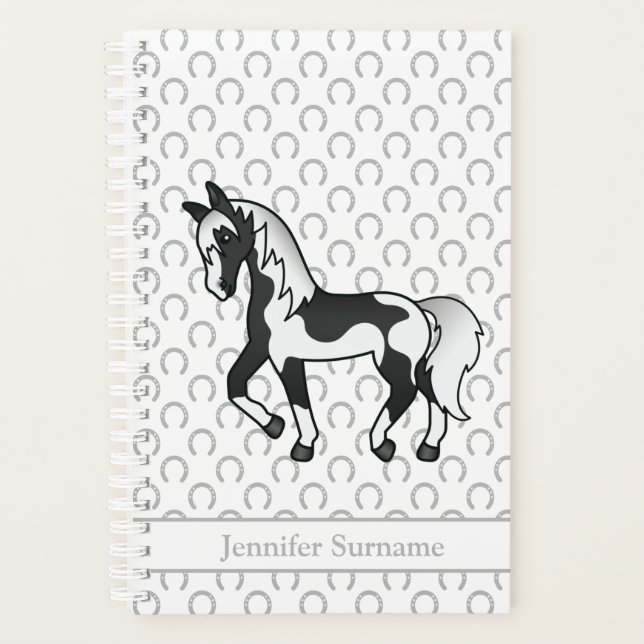 Cheval de Trotting Pinto Noir Dessin Animé & Texte (Devant)