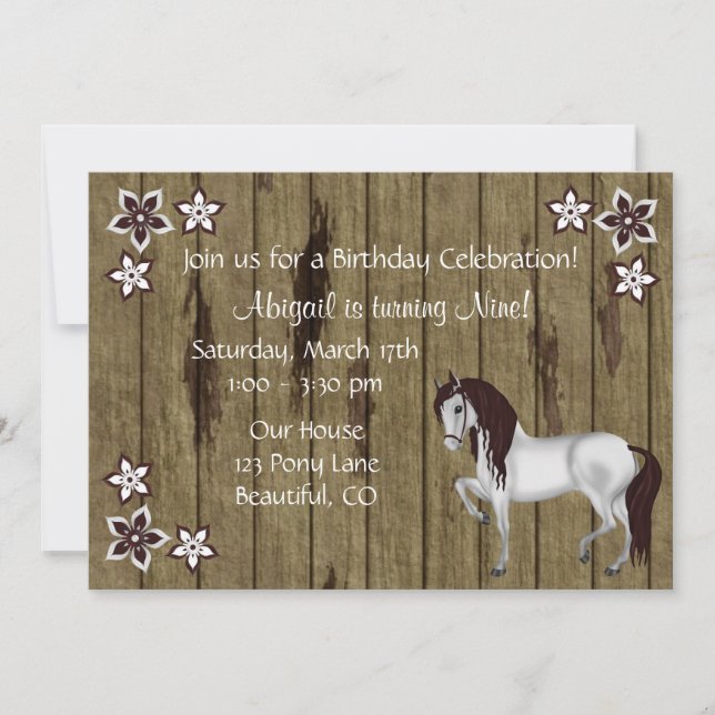 Cheval et Fleurs Invitation Anniversaire ~ Filles (Devant)