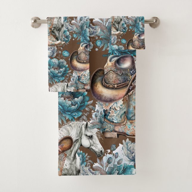 Cheval fille cowgirl motif floral turquoise (En situation)