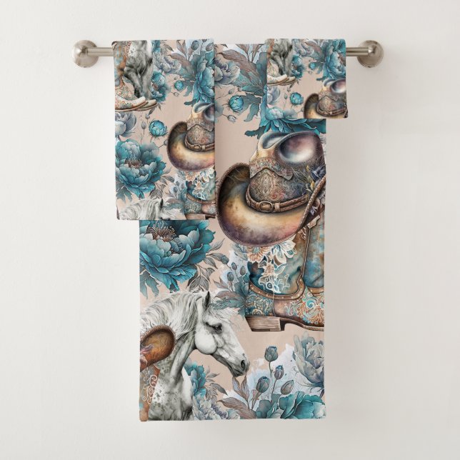 Cheval fille cowgirl motif floral turquoise (En situation)