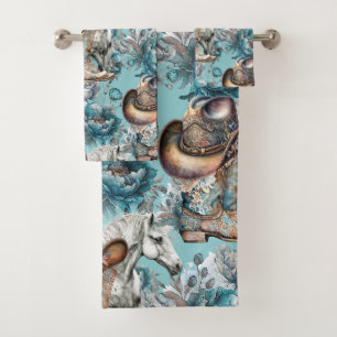 Cheval fille cowgirl motif floral turquoise