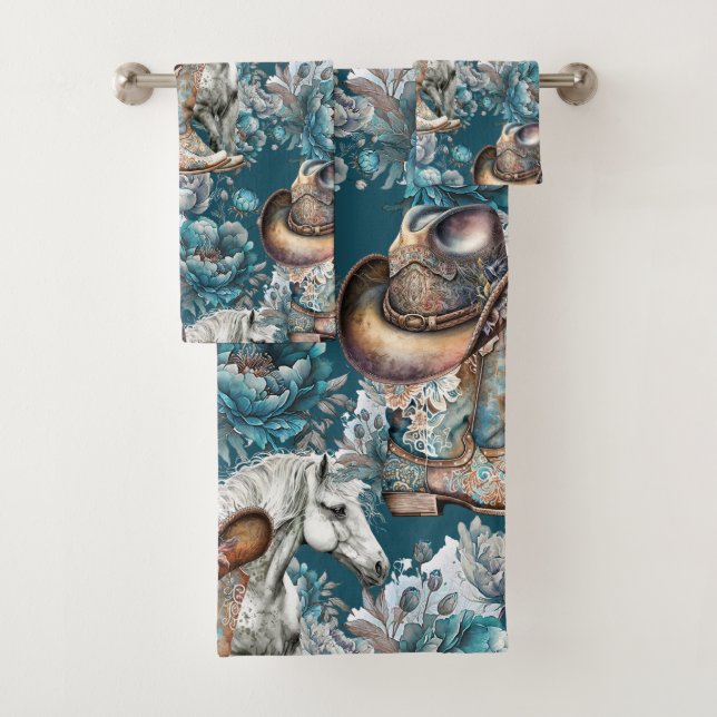 Cheval fille cowgirl motif floral turquoise (En situation)