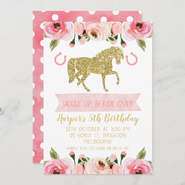 Cheval Floral Rose or Invitation de fête d'anniver (Devant / Derrière)