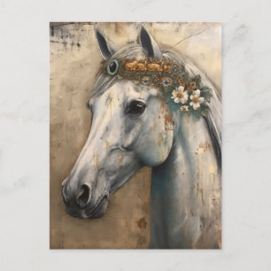Cheval Gris Avec Carte Postale Florale Couronne