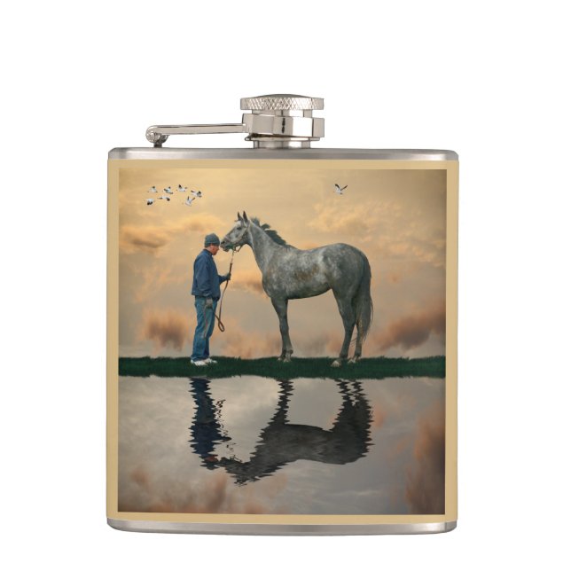 Cheval Gris Et Groom OTTB Boire Flacon (Devant)