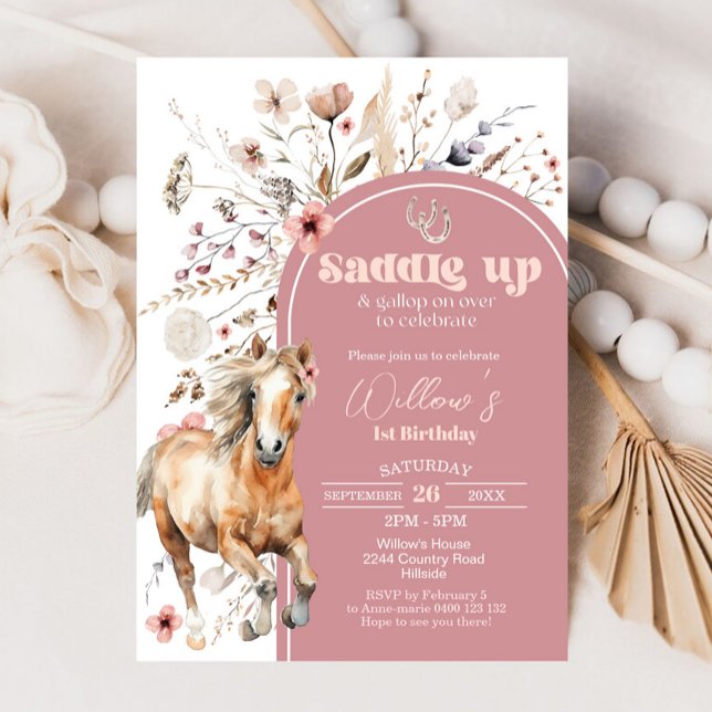 Cheval Invitation Anniversaire Boho Horse Fleur sa (Wildflower Horse Birthday Invitation)