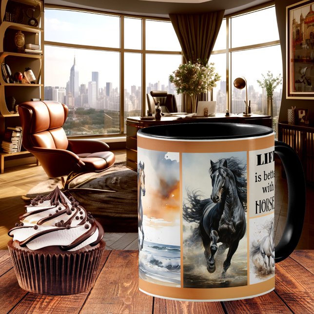 Cheval Lover Photo personnalisée Cafe Mug (Elegant horse lover mug featuring your custom photos on a gold brown design)