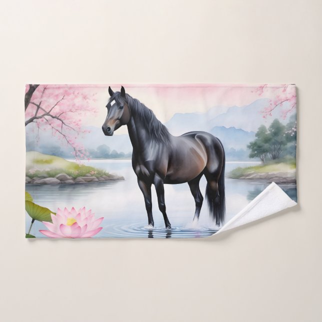 Cheval majestueux et beauté du lotus (Serviette à main)