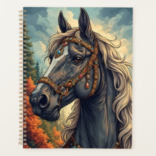 Cheval majestueux orné de bijoux dorés