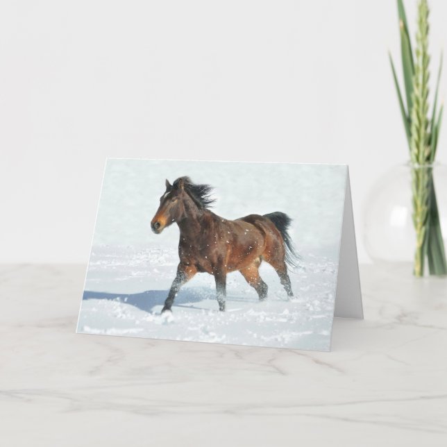 Cheval Mustang Courir sur la carte de Noël Neige (Devant)