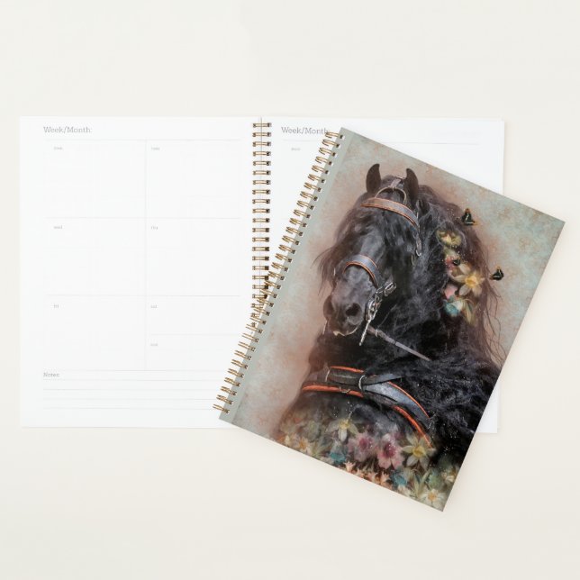 Cheval Noir Cheval Friesen - Calendrier, Planifica (Devant avec enveloppe)