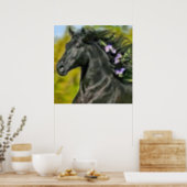 cheval noir crinière fleurie, affiche Papier (mat) (Kitchen)