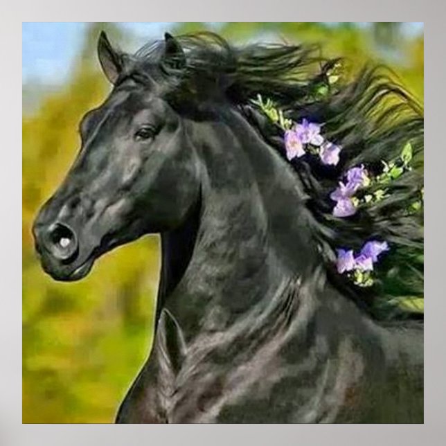cheval noir crinière fleurie, affiche Papier (mat) (Devant)