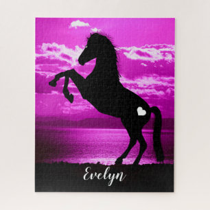 Cheval noir se cabrant Puzzle ciel violet