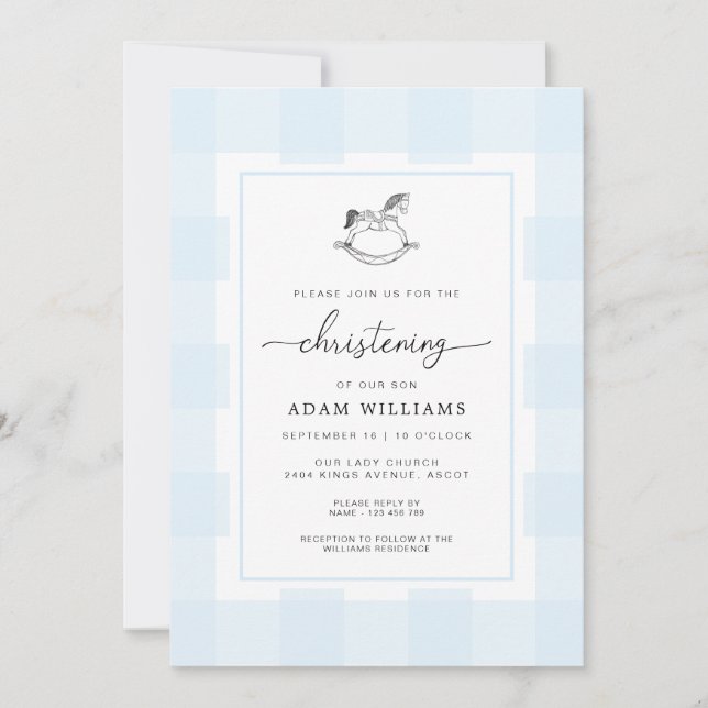 Cheval Rocher bleu En vichy Christening Invitation (Devant)