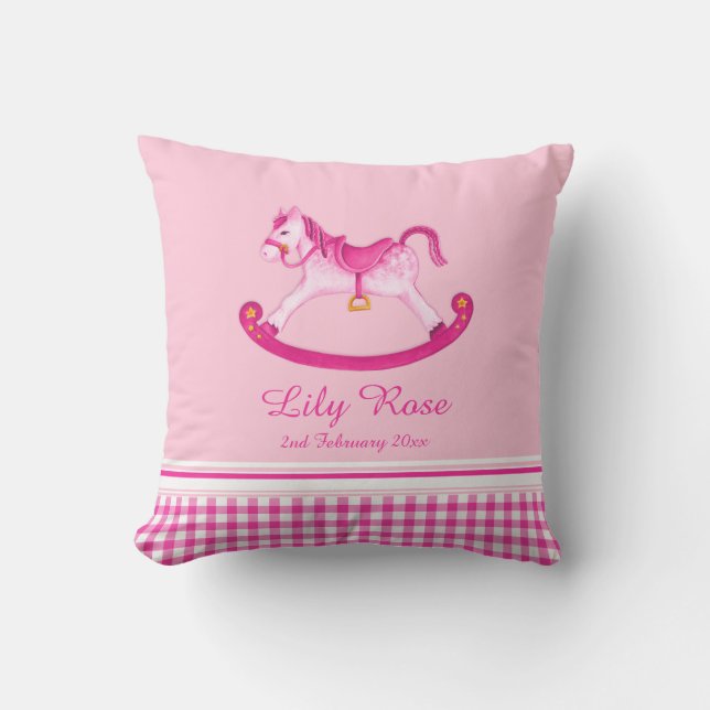 Cheval rocheux art rose nom bébé coussin de naissa (Recto)