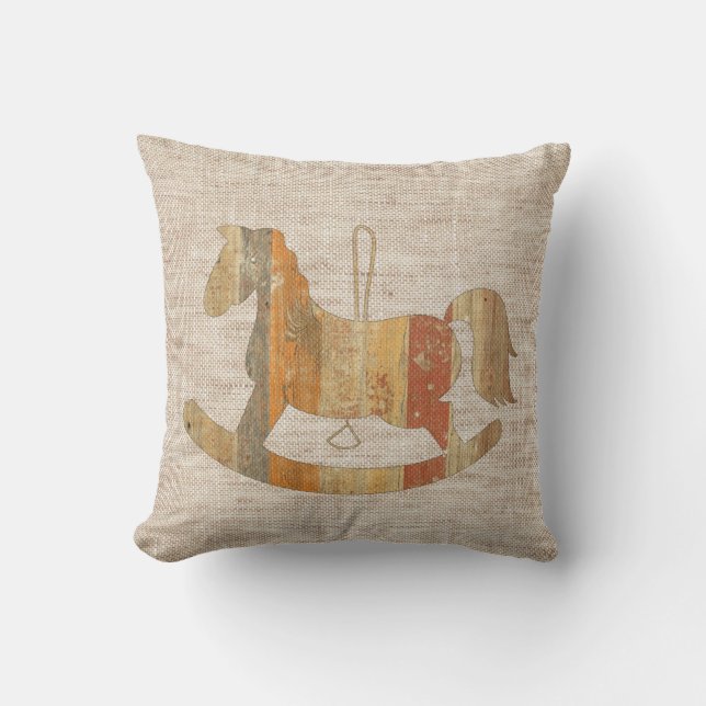 Cheval Rocheux en bois Style Vintage Coussin lin (Recto)