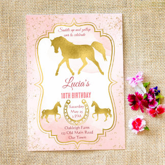 Cheval rose et or saddup invitations d'anniversair