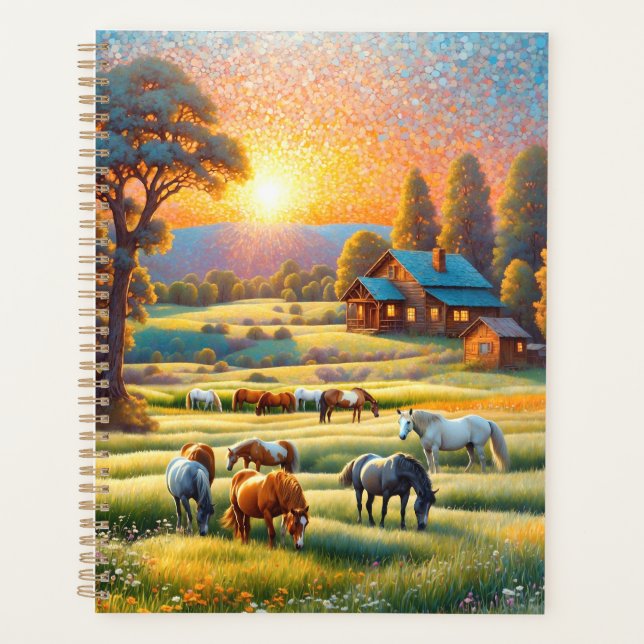 Cheval sur prairie fleurie de ferme sauvage (Devant)