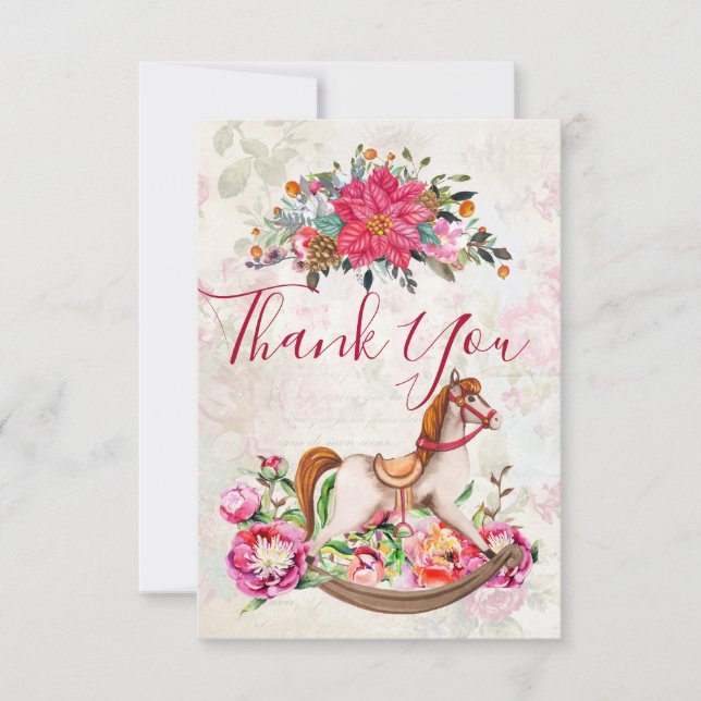 Cheval vintage et Poinsettia Xmas Merci (Devant)