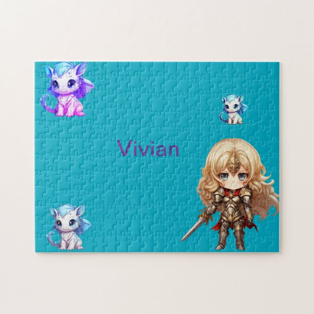 Chevalier de fille protégeant les dragons Puzzle (Horizontal)