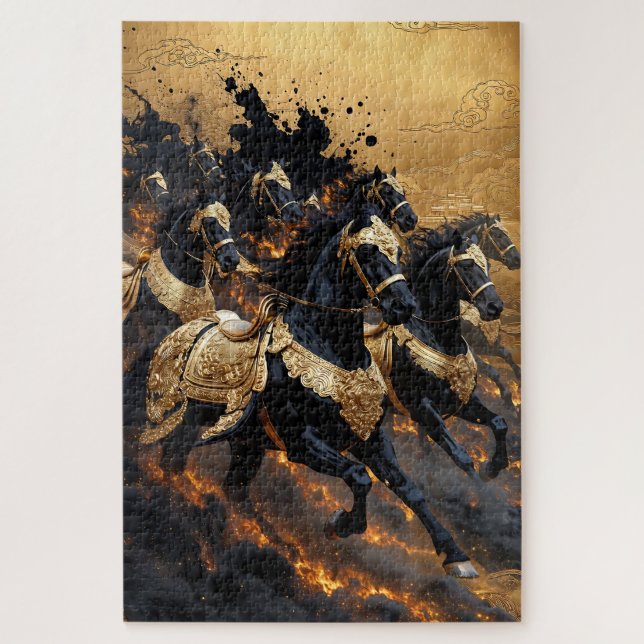 Chevaux armés d'or légendaires du puzzle de feu (Vertical)