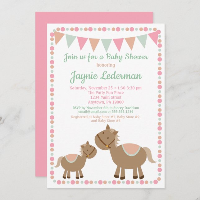 Chevaux Baby shower Invitation Pays Fille Rose (Devant / Derrière)