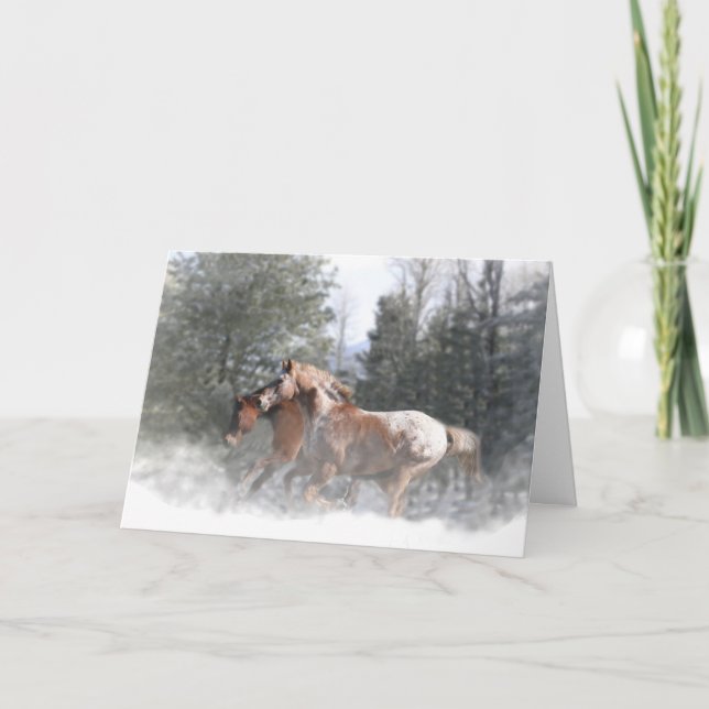 Chevaux courant dans la carte de Noël neige (Devant)