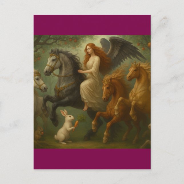 Chevaux de conte de fées et carte postale d'ange (Devant)