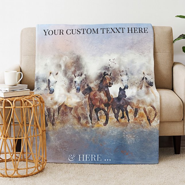 Chevaux de course sauvage Couverture en polaire (Fleece blanket featuring a watercolor painting of wild running horses)