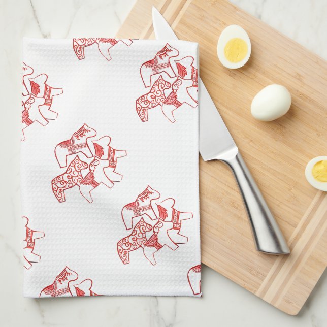 Chevaux de Dala Rouge et Blanc Serviette de cuisin (Quart Plié)