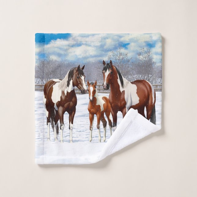Chevaux De Peinture De Baie Pinto En Neige D'Hiver (Gant de toilette)