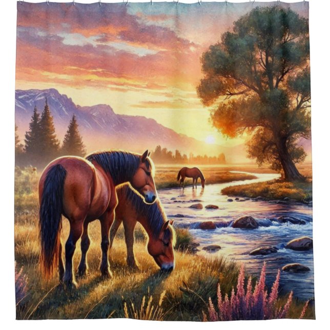 Chevaux Sauvages au Coucher du Soleil Rideau de Do (Devant)