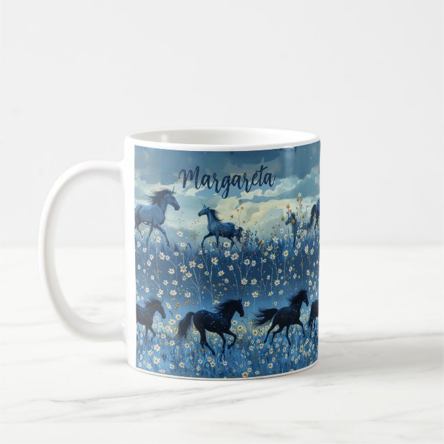 Chevaux sauvages et Fleurs sauvages Mug bleu perso (Gauche)