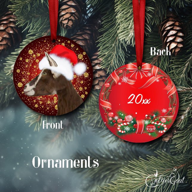 Chèvre de Toggenburg Santa Hat Ornement de Noël (Oil Portrait of my Toggenburg goat, Tawny - Santa hat and gold snowflakes -dated on back #zazzlemade)