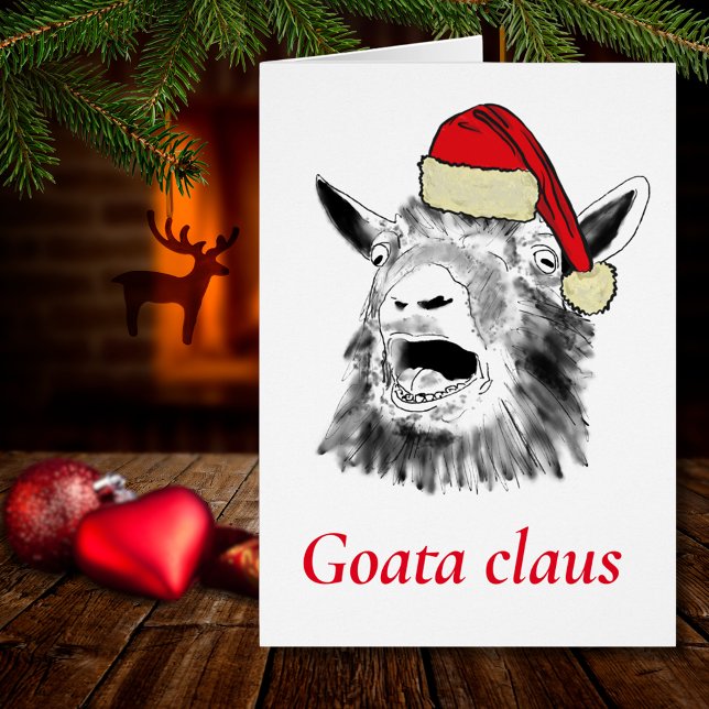 Chèvre drôle un Claus hurle Noël (Christmas screaming goat funny Goata Claus farm animal wearing a Santa hat drawing holiday card)