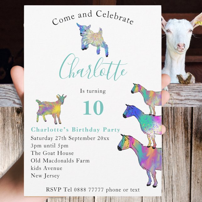 Chèvres colorées Cute Animaux 10e anniversaire (Cute goats farm animal themed 10th birthday party invitation with colorful animal art)