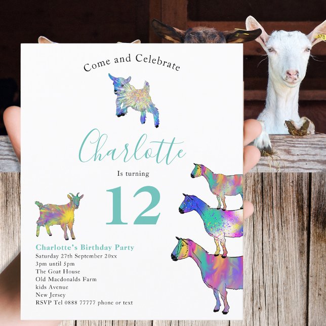 Chèvres colorées Ferme Animaux fête d'anniversaire (Cute goats colorful farm animal art 12th birthday party budget invitation  )
