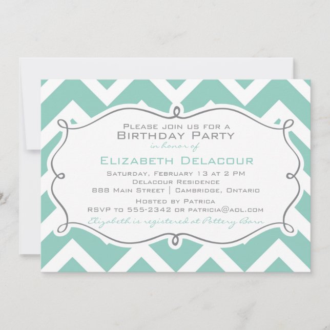 Chevron blanc et bleu moderne Invitation d'anniver (Devant)