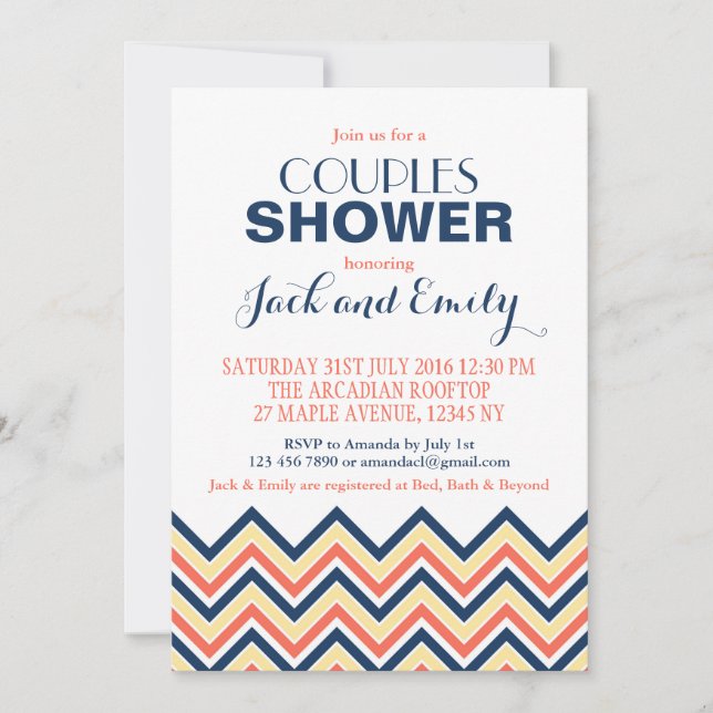 Chevron Couples Douche Invitation Corail Et Bleu (Devant)