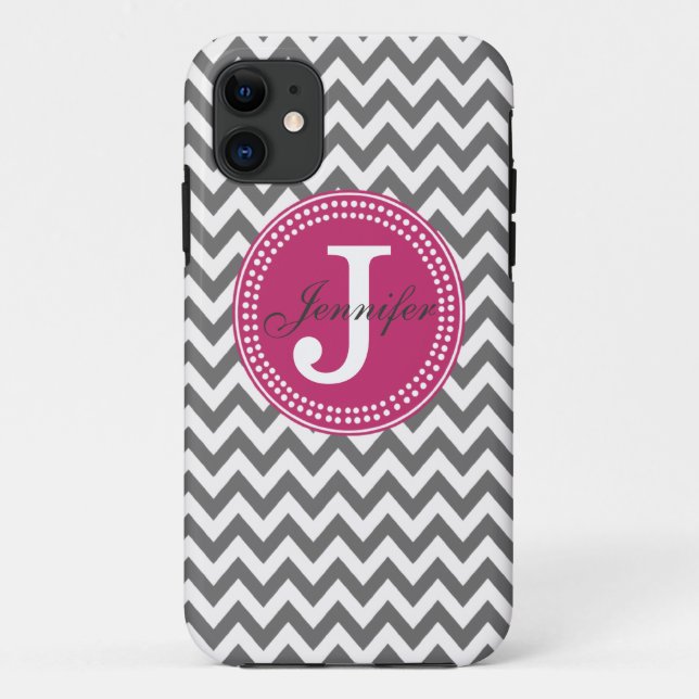 Chevron gris et coque iphone rose de monogramme (Dos)