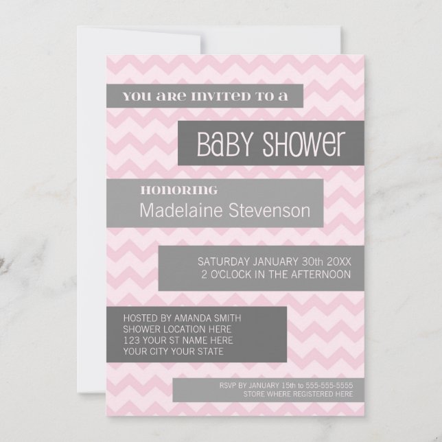 Chevron gris rose Invitations de douches pour bébé (Dos)
